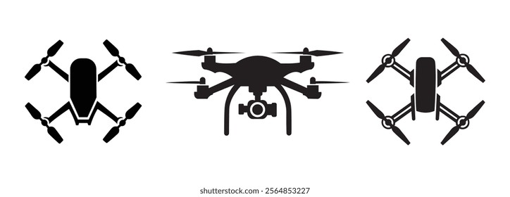 Drone icon set. Drone icons, drone quadcopter with action camera, Drone silhouette icon. Vector Illustration.