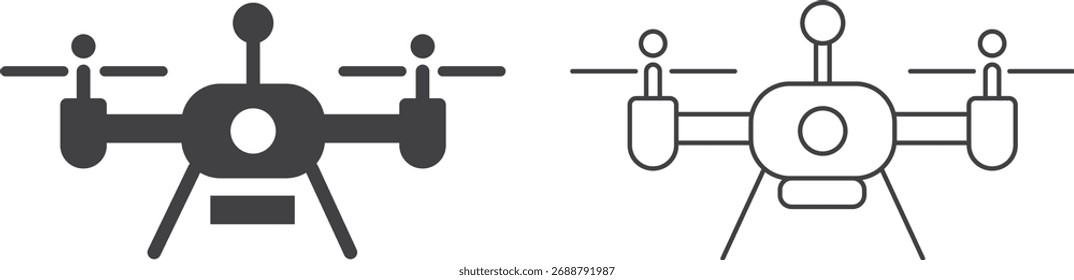 Drone icon set Illustration of two drones, one solid and one outlined, isolated on white background