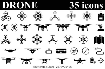 Drone Icon set Isolated. Civilian aerial Drone, Tricopter, Quad copter, Hex copter flat icon set. Fast delivery, remote control, city map navigation, action camera, radar screen, radio antenna.