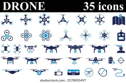 Drone Icon set Isolated. Civilian aerial Drone, Tricopter, Quad copter, Hex copter flat icon set. Fast delivery, remote control, city map navigation, action camera, radar screen, radio antenna.