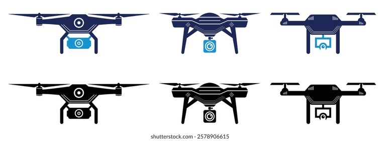 Drone Icon set Isolated. Civilian aerial Drone, Tricopter, Quad copter, Hex copter flat icon set. Fast delivery, remote control, city map navigation, action camera, radar screen, radio antenna.