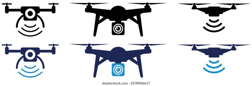 Drone Icon set Isolated. Civilian aerial Drone, Tricopter, Quad copter, Hex copter flat icon set. Fast delivery, remote control, city map navigation, action camera, radar screen, radio antenna.