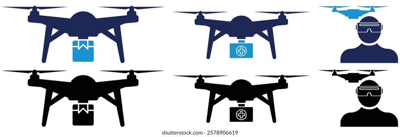 Drone Icon set Isolated. Civilian aerial Drone, Tricopter, Quad copter, Hex copter flat icon set. Fast delivery, remote control, city map navigation, action camera, radar screen, radio antenna.