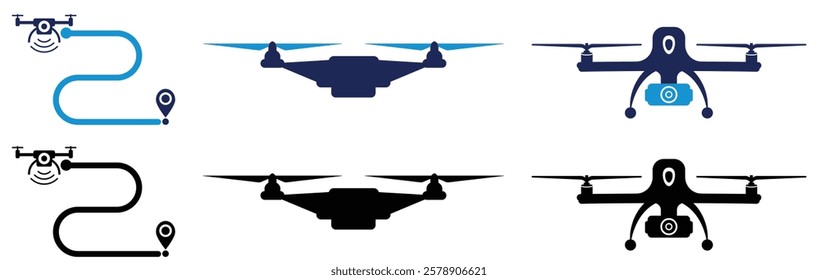 Drone Icon set Isolated. Civilian aerial Drone, Tricopter, Quad copter, Hex copter flat icon set. Fast delivery, remote control, city map navigation, action camera, radar screen, radio antenna.