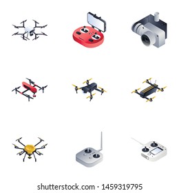 Drone icon set. Isometric set of 9 drone vector icons for web design isolated on white background