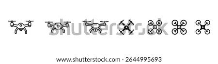 drone icon, drone icon set, Modern drone icon set in outline style showing quadcopter aerial devices, flying drones with propellers, surveillance technology, camera drones