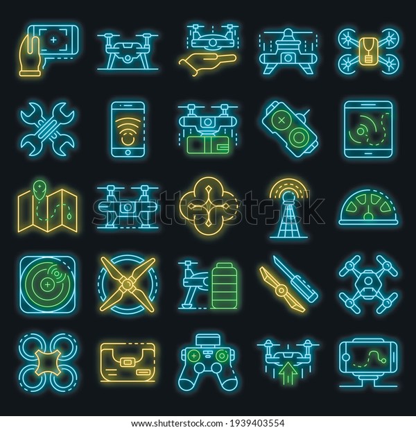 Drone icon set. Outline set of drone vector icons\
neon color on black