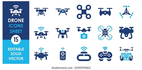 Drone icon set. Quadcopter with camera vector illustration. Flat icons set of drone for photography. Vector illustration.