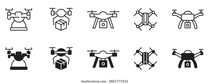 Drone Icon Set, Quadcopter Remote Control Helicopter and Aerial Photography Vector Symbols