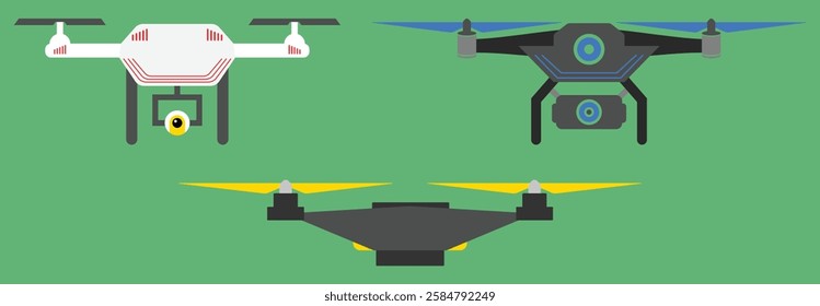 Drone icon set. Remote control flying copter with action camera. Drone Hex copter Quadcopter Illustration isolated on white background. Vector flat illustration.