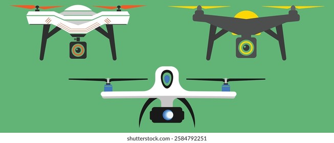 Drone icon set. Remote control flying copter with action camera. Drone Hex copter Quadcopter Illustration isolated on white background. Vector flat illustration.