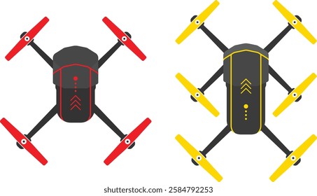 Drone icon set. Remote control flying copter with action camera. Drone Hex copter Quadcopter Illustration isolated on white background. Vector flat illustration.