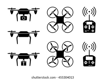 Drone icon set. Drone remote control, front and side view. Aerial camera view. Vector illustration.