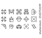 Drone icon set. Thin line vector. Contains icons of various drones.