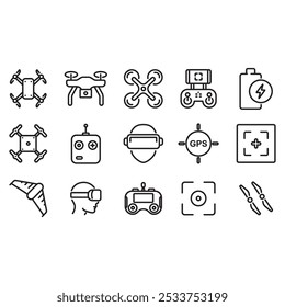 Drone icon set. Thin line vector. Contains icons of various drones.