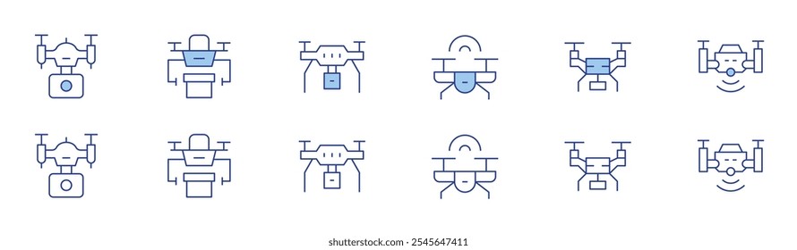 Ícone de drone definido em dois estilos, Duotônico e Linha fina. AVC editável. câmera drone, drone, entrega de drone.