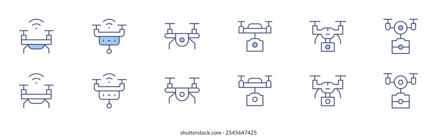 Conjunto de iconos de drones en dos estilos, estilo Duotone y Thin Line. Editable golpe. drone, cámara drone, drone inteligente.
