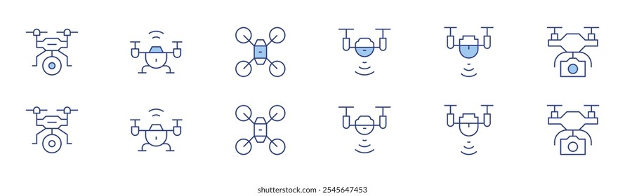 Conjunto de iconos de drones en dos estilos, estilo Duotone y Thin Line. Accidente cerebrovascular editable. dron de la cámara, dron.