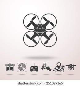 Drone icon with shadow, and set of drone icons - drone with box, surveillance drone, navigation, map, controllers, smartphone app. Vector