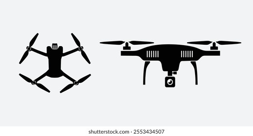 Drone icon simple quadcopter symbol with camera, drone black icon isolated on white background
