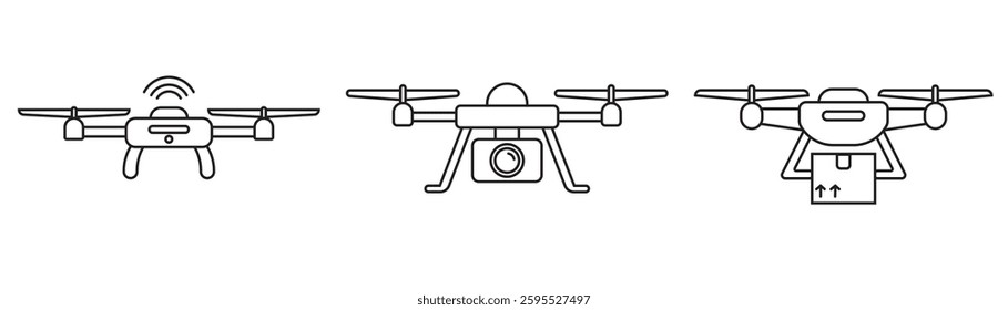 Drone icon with three outlined drones demonstrating special functions. Perfect for technology, innovation, and aerial photography concepts. Great for presentations.
