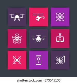 Drone icon, uav, copter, quadrocopter square icons set, vector illustration