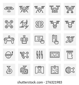Drone icon or UAV icon. Including with camera, remote, propeller, battery and devices. Using for photography, agriculture, military and surveillance. Control by remote, navigation by satellite system.