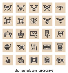Drone icon or UAV icon. Including with camera, remote, propeller, battery and devices. Using for photography, agriculture, military and surveillance. Control by remote, navigation by satellite system.