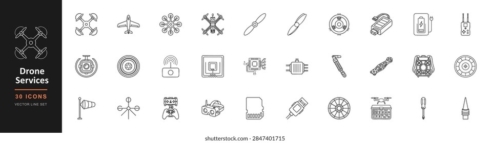 Drone icon vector set featuring various unmanned aerial vehicle components technical parts remote controllers batteries propellers camera equipment and flight navigation tools for professional aviation technology maintenance and repair industry.