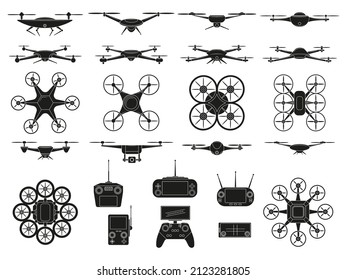 Drone icons, aerial quadcopters vehicles silhouette symbols. Modern unmanned flying drones vector illustration set. Aerial quadcopters technology. Wireless aircraft with remote control