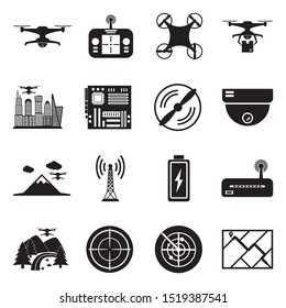 Drone Icons. Black Flat Design. Vector Illustration.