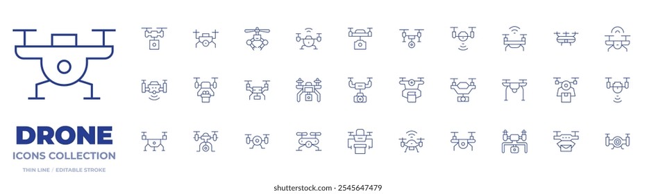 Colección de iconos de drones. Iconos de línea fina, golpe editable. drone, entrega de drones, postal, drone inteligente.