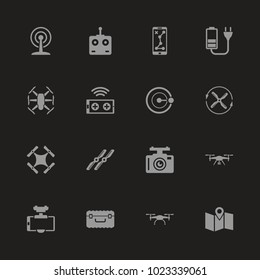 Drone icons - Gray symbol on black background. Simple illustration. Flat Vector Icon.