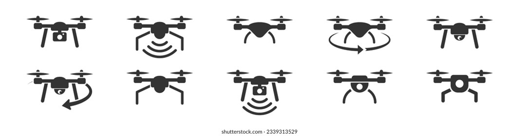 Drone icons. Quadcopters. Aerial drone. Copters collection. Vector illustration.