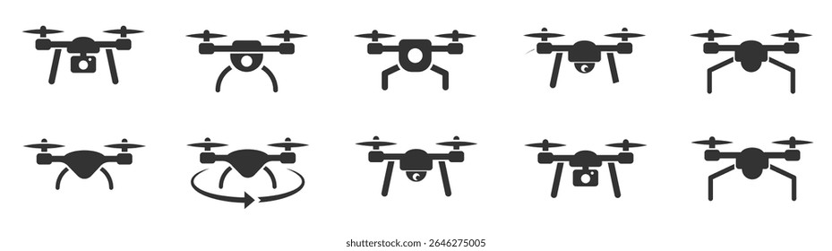 Ícones de drones. Quadricópteros Drone aéreo. Coleção Copters. Ilustração vetorial.