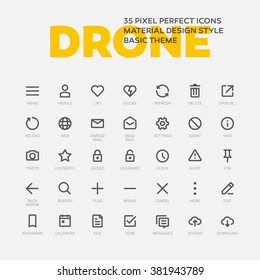 DRONE ICONS. Set of 35 flat line art vector icons made in material design style. Easy to use in web, mobile and desktop applications.