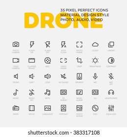 DRONE ICONS. Set of 35 flat line art vector icons made in material design style. Easy to use in web, mobile and desktop applications. Photo, audio, video theme.