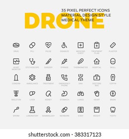 DRONE ICONS. Set Of 35 Flat Line Art Vector Icons Made In Material Design Style. Easy To Use In Web, Mobile And Desktop Applications. Medicine And Healthcare Theme.