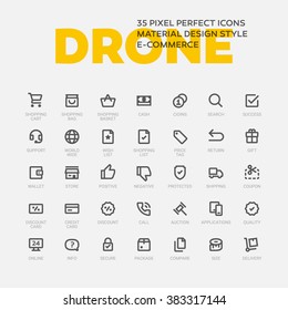 DRONE ICONS. Set of 35 flat line art vector icons made in material design style. Easy to use in web, mobile and desktop applications. E-commerce theme.