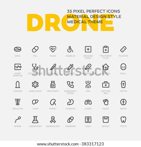 DRONE ICONS. Set of 35 flat line art vector icons made in material design style. Easy to use in web, mobile and desktop applications. Medicine and healthcare theme.