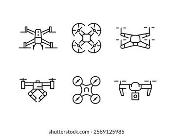 Drone icons. Set of 6 drone trendy minimal icons. Example: Quadcopter, remote control, battery, camera, FPV goggles icon. Design signs for web page, mobile app, packaging design. Vector illustration.