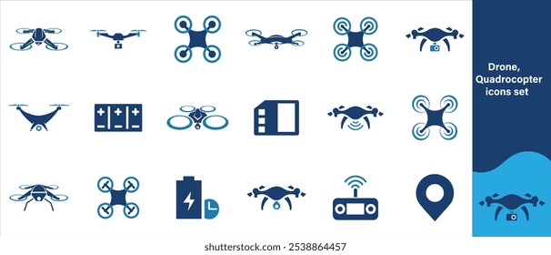 Drone, ícones definidos. Entrega rápida, controle remoto, hélice, navegação de mapa da cidade, câmera de ação, tela de radar, antena de rádio. Coleção de ícones de estrutura de tópicos. Vetor 