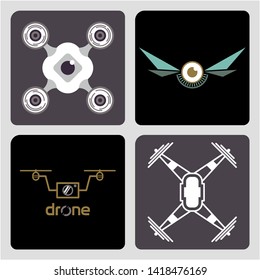 Drone icons set in flat style. Logos templates of flying drone. Vector illustration