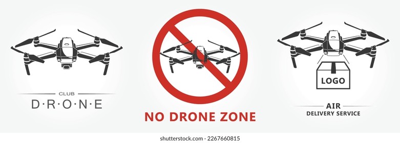 Drone icons set. Logos templates of flying drones with action camera. Vector illustration