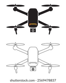 Drone Illustration in Black and White. A simple, clean line art illustration of a drone. silhouette drone icon 