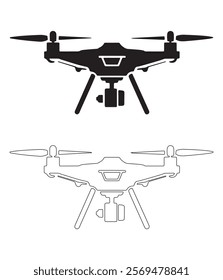 Drone Illustration in Black and White. A simple, clean line art illustration of a drone. silhouette drone icon 