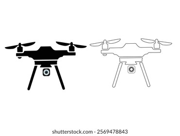 Drone Illustration in Black and White. A simple, clean line art illustration of a drone. silhouette drone icon 