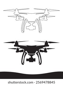 Drone Illustration in Black and White. A simple, clean line art illustration of a drone. silhouette drone icon 