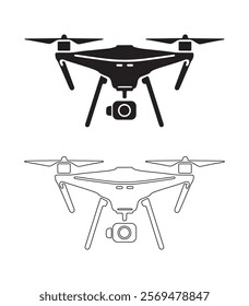 Drone Illustration in Black and White. A simple, clean line art illustration of a drone. silhouette drone icon 