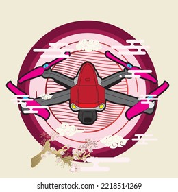 drone illustration design with japanese style background and logo
